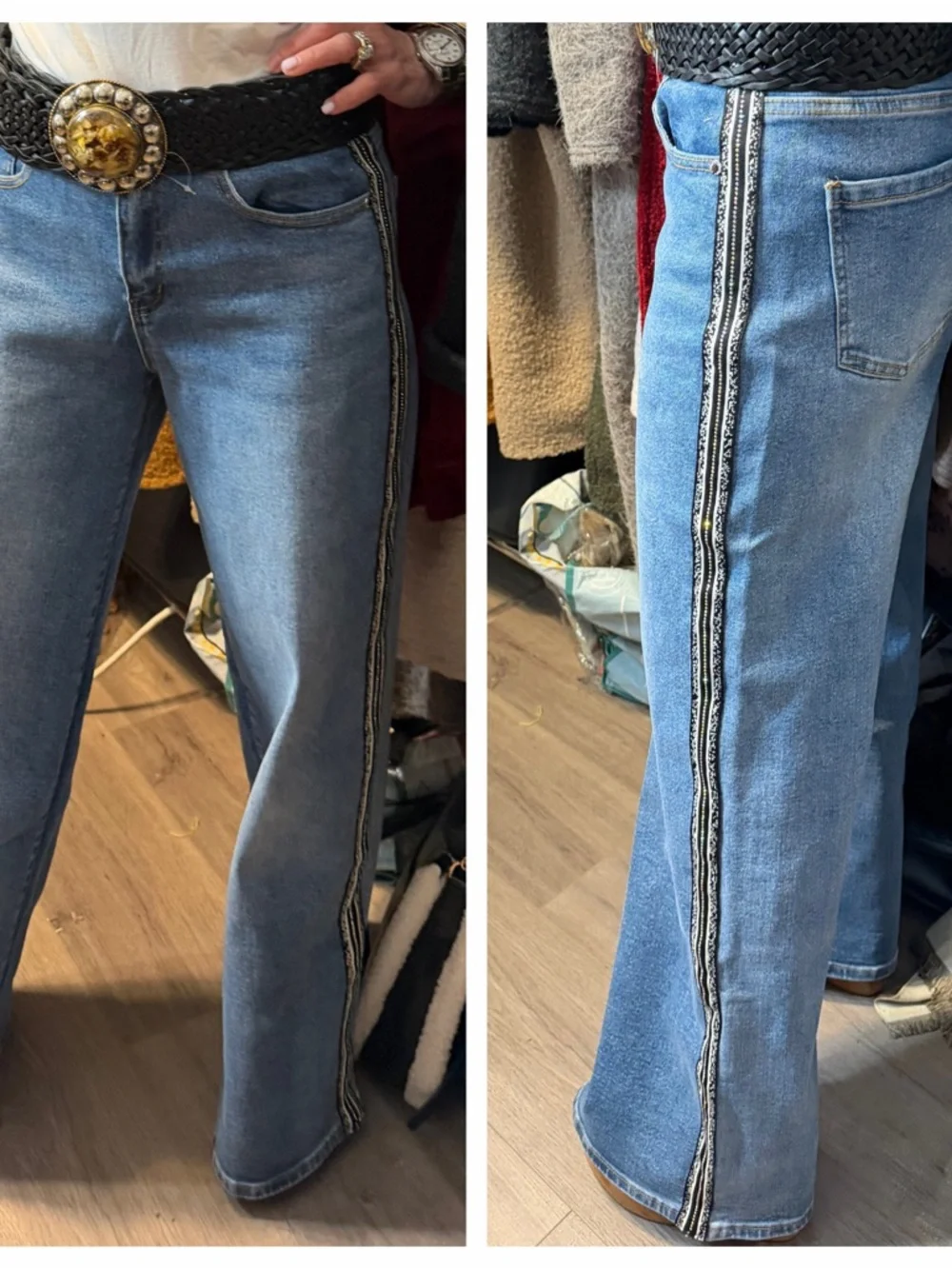 ShopEvelynne Light Blue Wide-Leg Jeans with Metallic Side Stripe